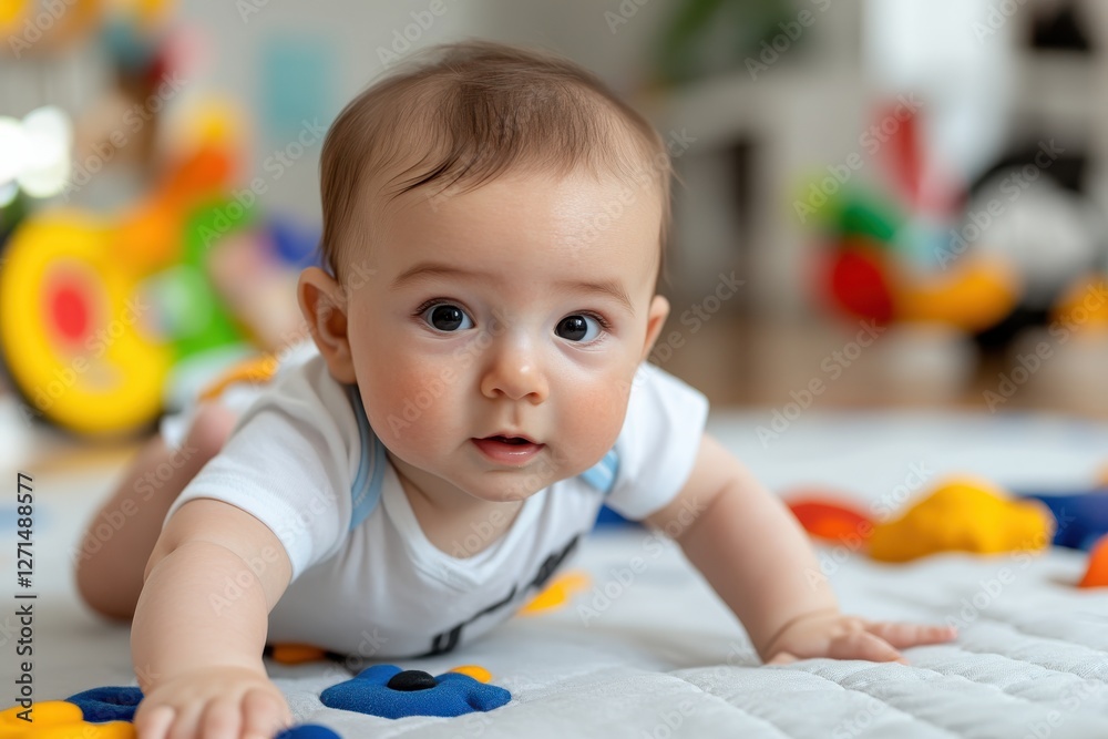 A cute baby is crawling on a colorful play mat, showcasing curiosity and a sense of exploration, surrounded by interactive toys and a bright, cheerful environment. A cute baby is crawling on a colorful play mat, showcasing curiosity and a sense of exploration, surrounded by interactive toys and a bright, cheerful environment.
