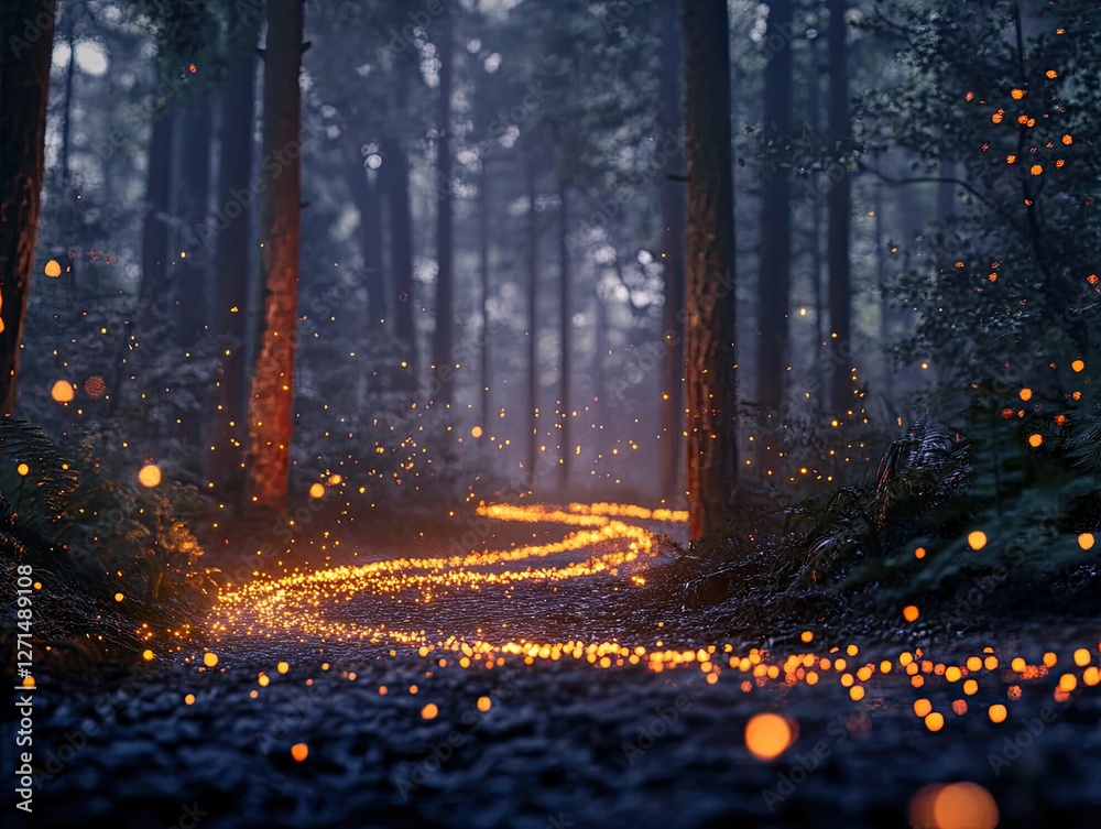 Fototapeta premium Enchanted Forest Path, A Winding Trail of Lights Through the Woods