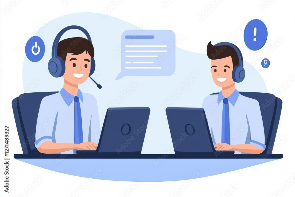 Personalized customer service enhances support. Two customer service agents working on laptops with headsets. Personalized customer service enhances support. Two customer service agents working on laptops with headsets.