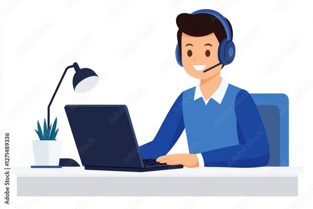 Personalized customer service enhances support. Young man with headset working on a laptop at a desk. Personalized customer service enhances support. Young man with headset working on a laptop at a desk.