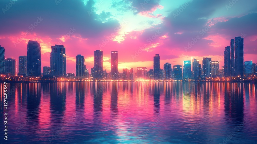 Obraz premium Vibrant Sunset City Skyline Reflecting on Water