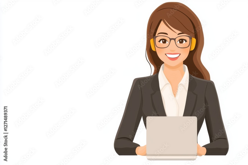 Personalized customer service enhances support. Professional woman with laptop and glasses, smiling at the camera. Personalized customer service enhances support. Professional woman with laptop and glasses, smiling at the camera.