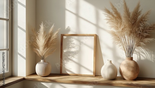 Beige wooden photo frame mockup on a white wall background with pampas grass and a vase, a wooden picture frame, in vertical and horizontal orientations.
