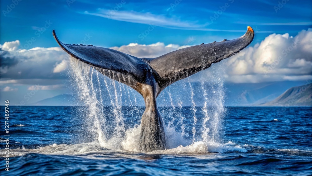 Fototapeta premium Majestic Whale's Fluke Breaching the Ocean Surface, Creating a Spectacular Water Cascade Under a Vivid Sky