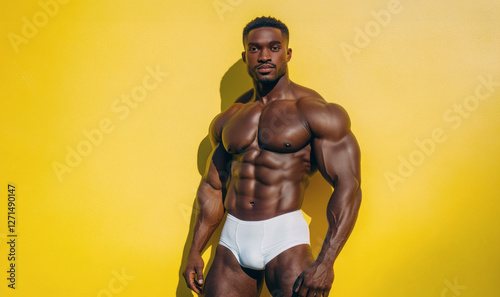 Muscular black man showing his defined abs and biceps on yellow background