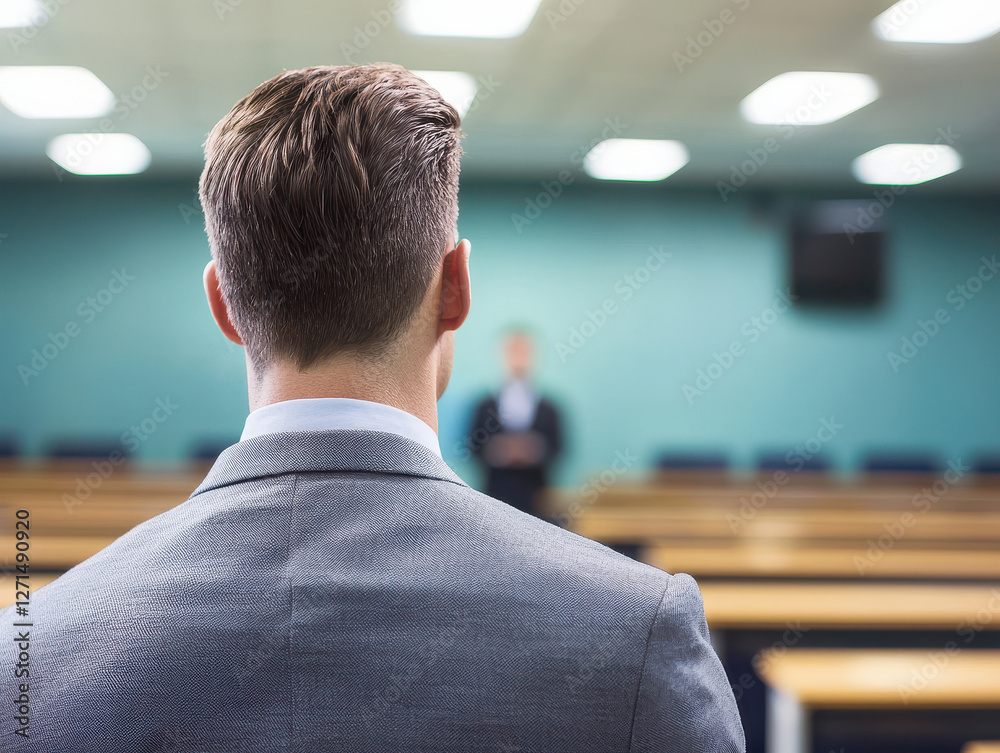 man in suit observing classroom with empty desks man in suit observing classroom with empty desks