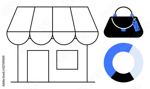 Small shop with an awning, a handbag with a price tag, and a partial pie chart in blue. Ideal for retail, shopping, sales, market analysis, business strategy, consumer goods visual data