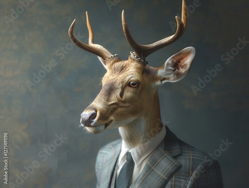 A surreal portrait of a deer with antlers, dressed in a formal suit, blending nature with human characteristics. photo