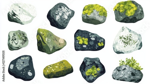 A set of isolated illustrations . Rocks and stones covered with moss