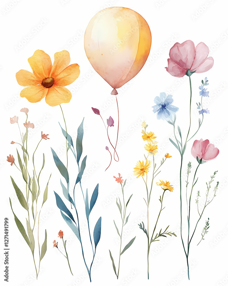 Obraz premium Colorful balloon and floral arrangement in a whimsical design. Generative AI