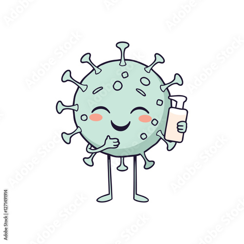 Smiling virus mascot holding soap symbolizing hygiene and disease prevention