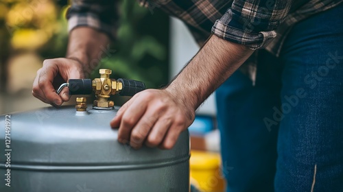 Close-up of a man adjusting pressure on a gas cylinder outdoors during daylight