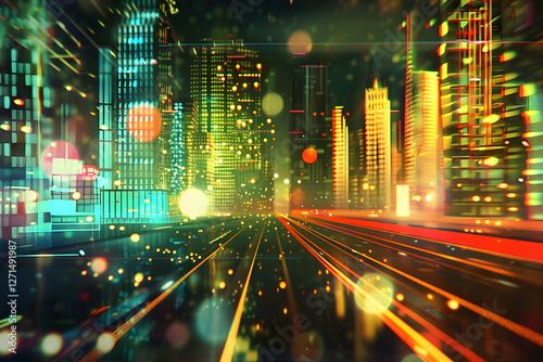 Vibrant cityscape at night with colorful lights and glowing effects, showcasing urban life