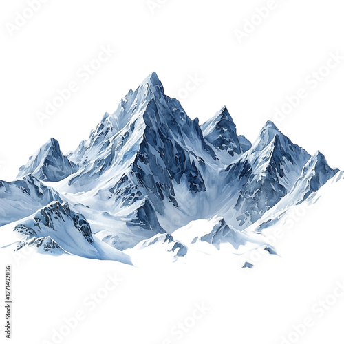 Winter Mountain Landscape in Watercolor Style with Snowy Peaks and Soft Brush Strokes, Isolated on transparent background 