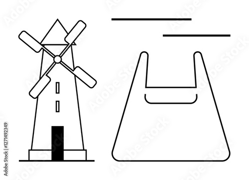 Windmill with rotating blades and shopping bag outline. Ideal for sustainability, renewable energy, eco-friendly shopping, minimalism, environmental awareness, modern lifestyle, abstract design