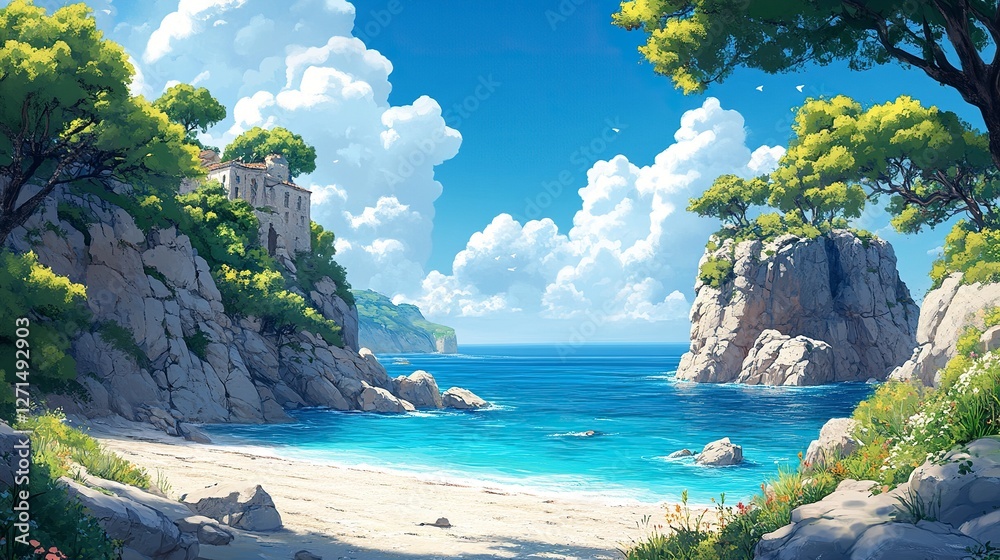 Obraz premium coast and island background,illustration --ar 16:9 --stylize 450 --v 6.1 Job ID: fc6905d7-4dfe-4c30-9b31-c5de62577696