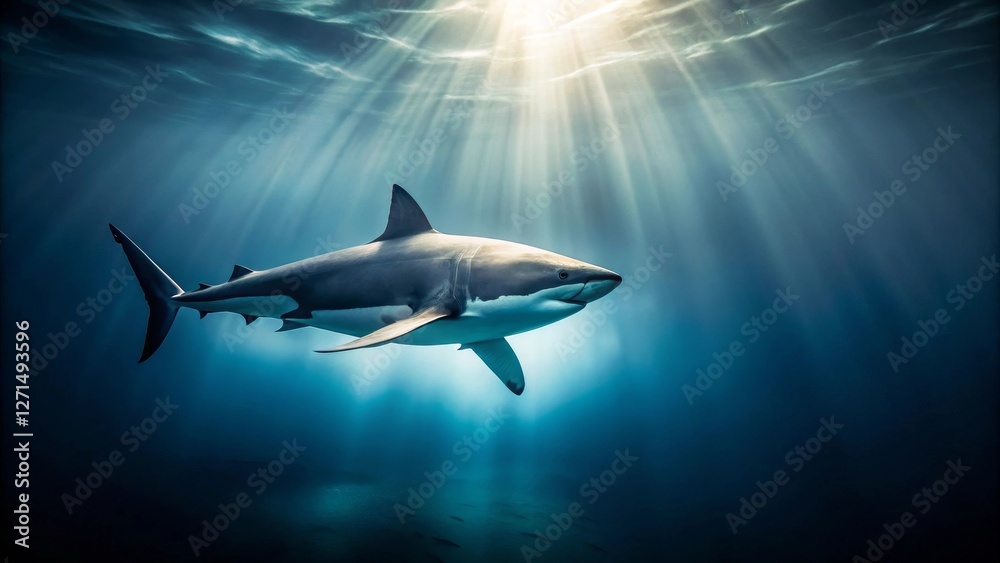 Fototapeta premium Majestic great white shark gracefully glides through sunlit ocean depths, a breathtaking underwater scene