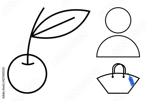 Cherry with leaves, simplistic human figure, handbag with a price tag. Ideal for fashion, lifestyle, shopping, minimalism, consumerism simplicity abstract themes. Clean design black lines