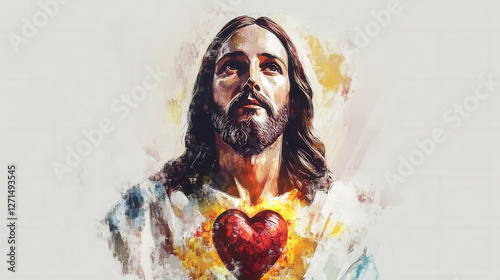 A radiant figure of Jesus holding a glowing heart, symbolizing love, faith, compassion, and divine energy

