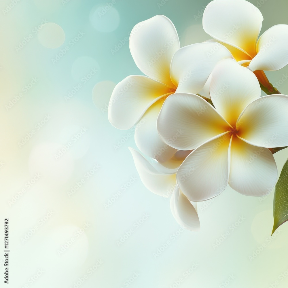 Fototapeta premium Plumeria flowers bloom with soft pastel background and bokeh