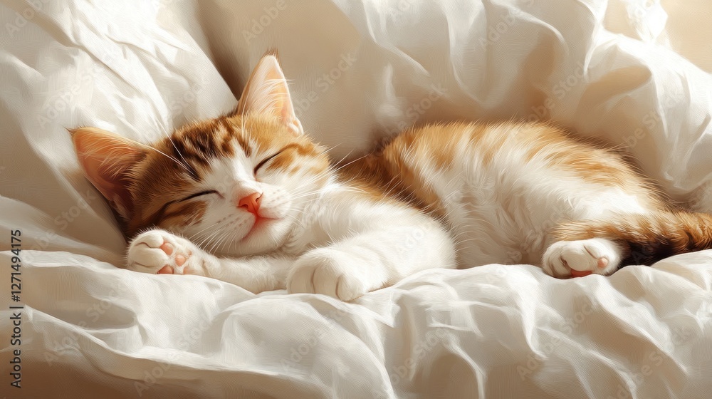 Kitten sleeps soundly in soft bedding, sunlight streams in Kitten sleeps soundly in soft bedding, sunlight streams in