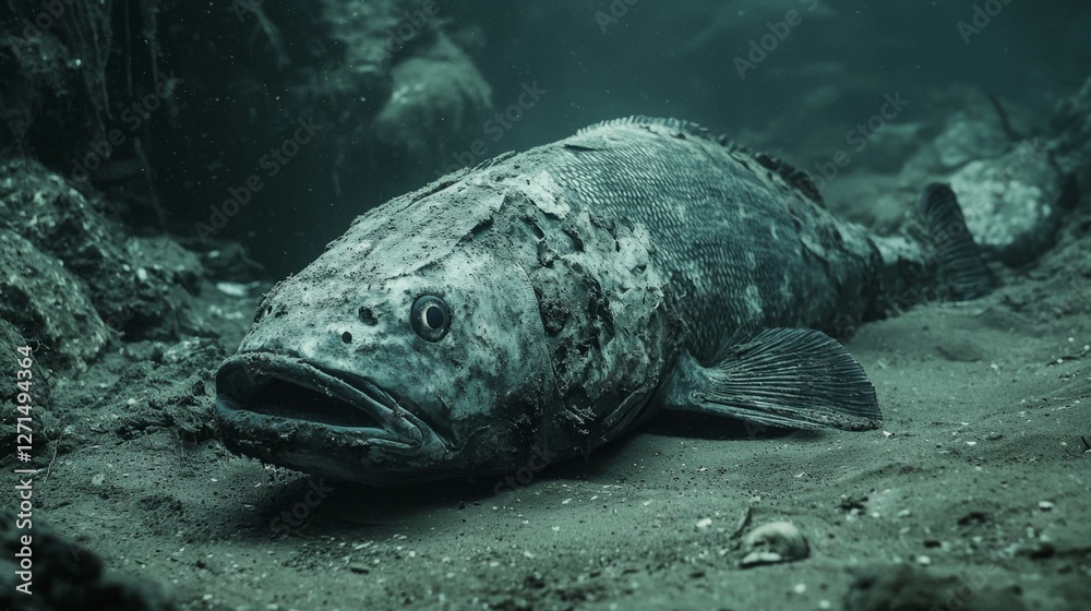 Fototapeta premium Underwater Scene of a Large Fish Resting on Sandy Seafloor