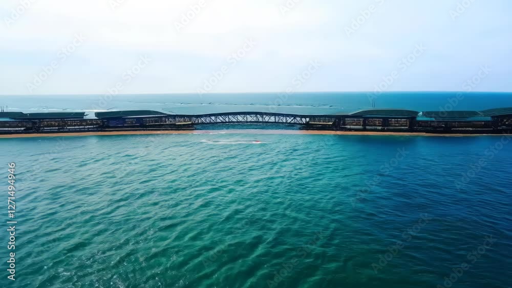 Scenic Aerial View of Waterfront Bridge and Calm Blue Ocean Horizon Scenic Aerial View of Waterfront Bridge and Calm Blue Ocean Horizon