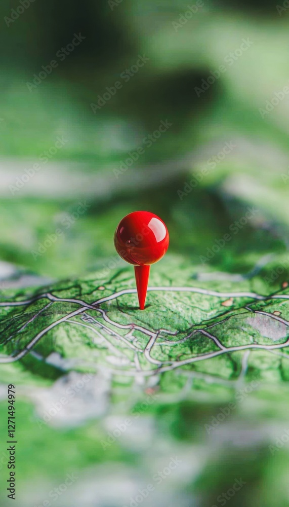 Pinpointing Locations A Visual Guide, Close-up of red map pin nestled on vibrant green map, symbolizing location awareness and navigation Pinpointing Locations A Visual Guide, Close-up of red map pin nestled on vibrant green map, symbolizing location awareness and navigation