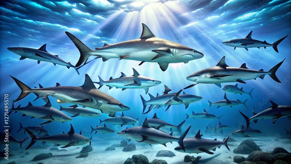 Obraz premium Oceanic Predators A School of Sharks Illuminated by Sunlight Beneath a Tranquil Surface