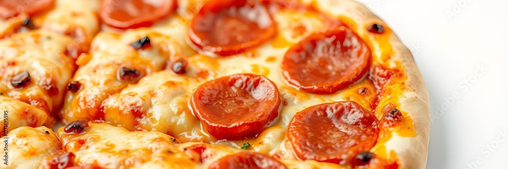 Close-up shot of a single slice of pepperoni pizza on white background, cheese steaming and stretched, grease visible on pepperonis, hot, tasty, food Close-up shot of a single slice of pepperoni pizza on white background, cheese steaming and stretched, grease visible on pepperonis, hot, tasty, food