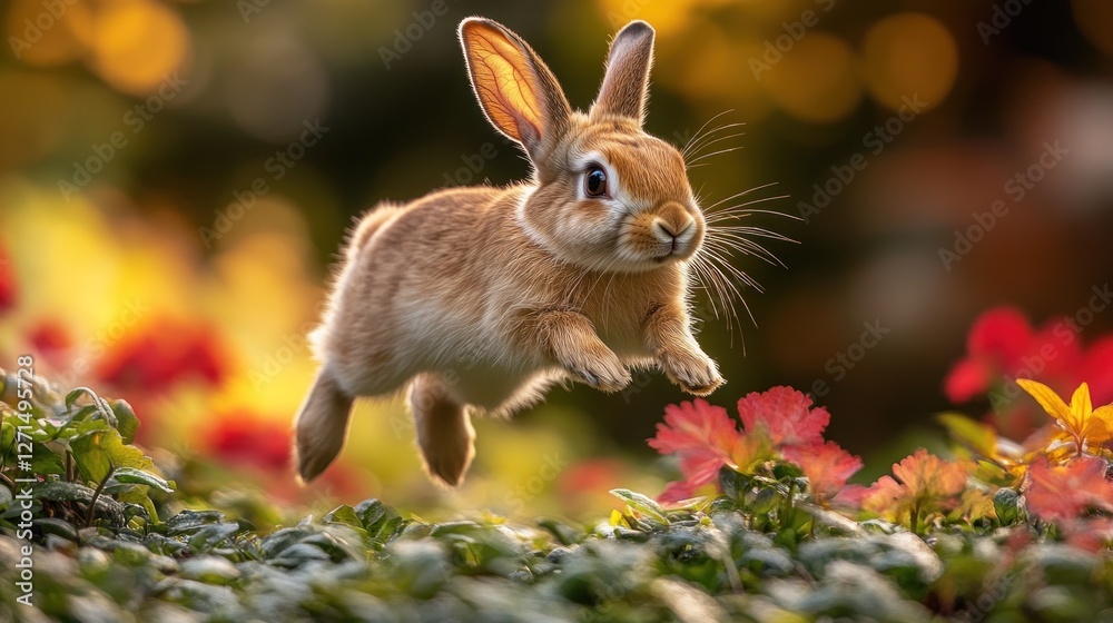 Fototapeta premium Leaping Rabbit, Garden, Sunset, Blurred Flowers, Easter