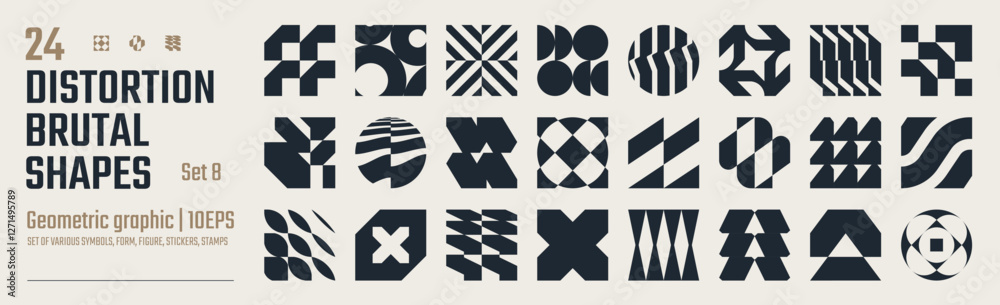 Postmodern abstract geometric graphic elements, Refraction and distortion glass effect various form, Brutalist vector shapes, trendy retro design symbols in Y2K aesthetics, vintage stickers, set 8