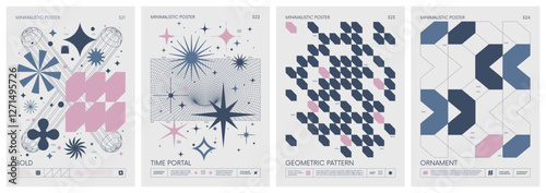 Brutalist style vector minimalistic Posters with silhouette basic figures, Retro futuristic graphic elements of geometric shapes rave composition, Modern color print artwork, set 81