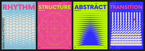 Modern abstract artwork collection, vector minimalistic posters with geometric shapes, brutalism style inspired graphic, bold Y2k futuristic aesthetic, form distortion effect, color set 11