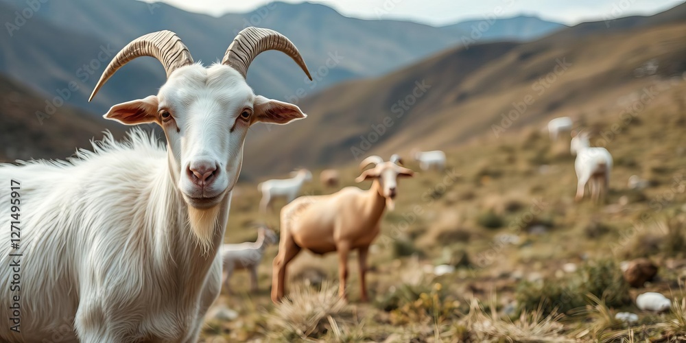 Close up shot of a white goat peacefully grazing on a lush mountain pasture, domestic, agriculture, livestock Close up shot of a white goat peacefully grazing on a lush mountain pasture, domestic, agriculture, livestock