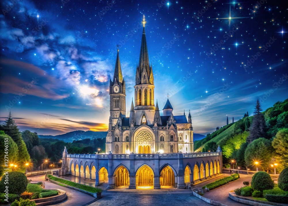 Fototapeta premium Starry night captures the majestic Lourdes Basilica.