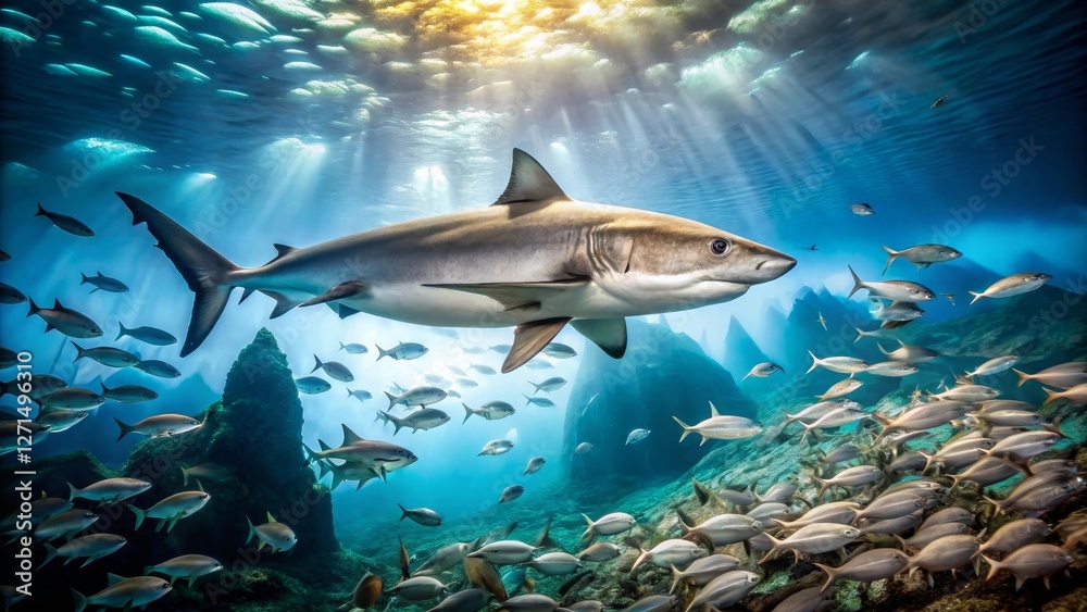 Fototapeta premium Oceanic predator gracefully glides through sunlit coral reef, surrounded by a shimmering school of fish