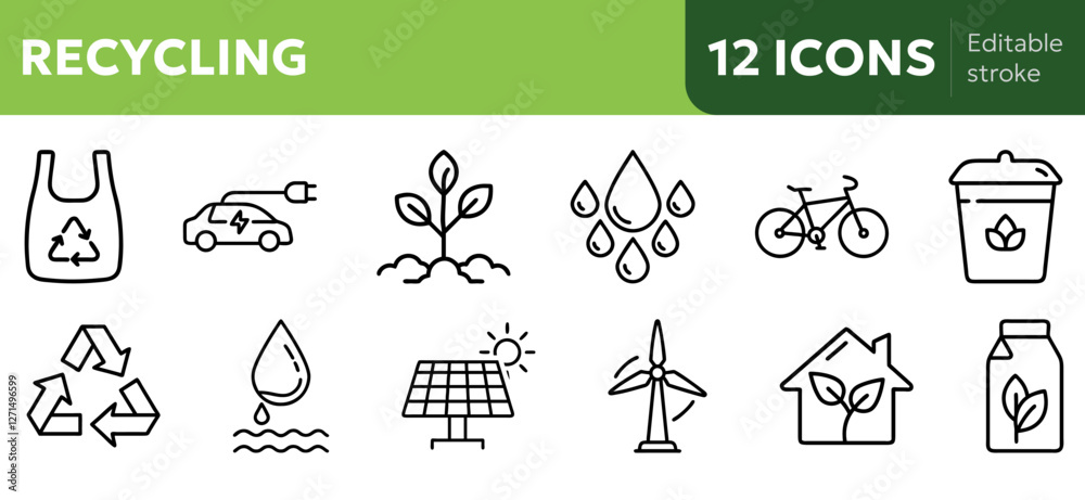 sustainability recycling icons including recycling symbol, solar panel, wind turbine,  water drop, electric car, compost bin, bicycle. rco griendly home