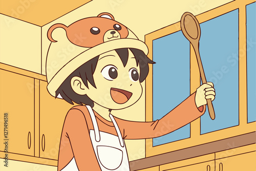  A digital illustration of a young boy with short black hair, wearing a bear-shaped hat and a white apron over a long-sleeved orange shirt. He is holding a wooden spoon in his right hand and has a b