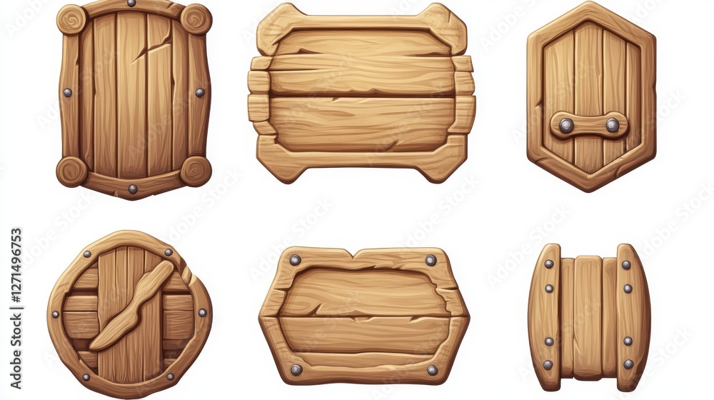 Naklejka premium A set of wooden plaques, game-style icons for the game isolated on a white background