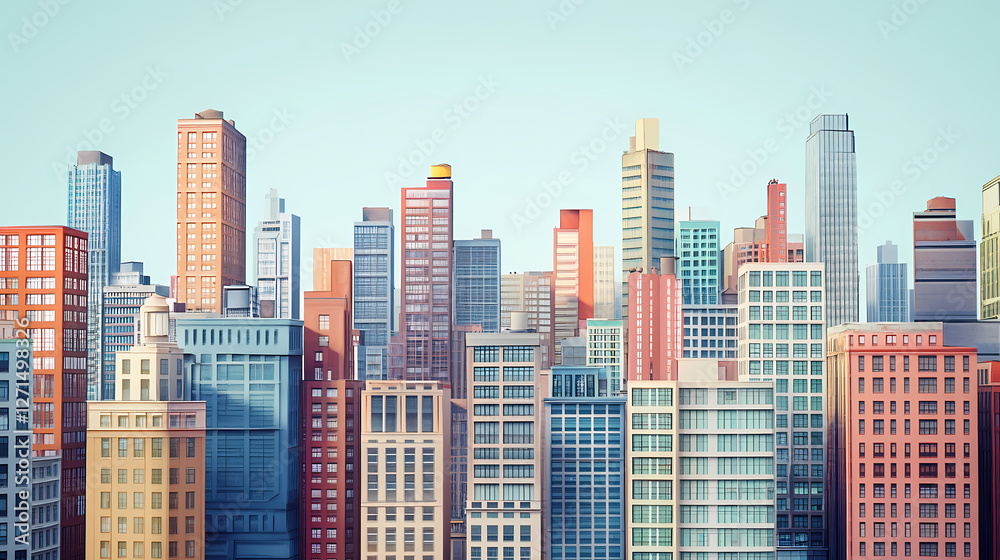 Fototapeta premium Modern city skyline with diverse architecture under blue sky. Generative AI