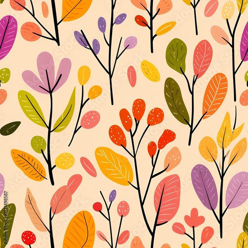 Colorful Floral Pattern Featuring Vibrant Leaves and Branches on a Light Background