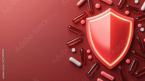Shield Symbol with Various Pills on a Vibrant Red Background