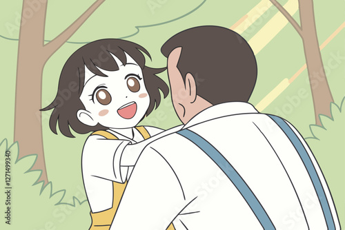   A digital illustration of a young girl with short, wavy black hair and big, expressive eyes, wearing a white shirt and yellow overalls, happily hugging a man in a white shirt with a blue suspenders