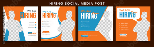 Join our team banners. We are hiring communication poster, help wanted advertising banner with speaker and vacant badge. Hr recruiting hire, vacancy job offer isolated vector signs set