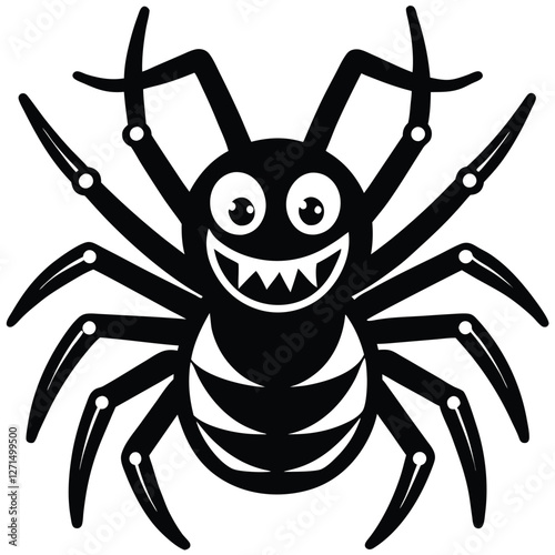 Playful Spider Illustration: A cheerful cartoon spider with big, expressive eyes and a wide, toothy grin. Its eight legs are spread wide. An inviting and friendly depiction.