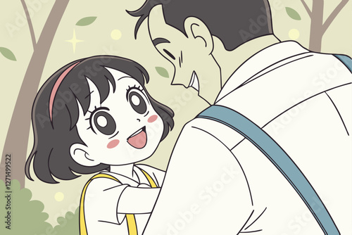   A digital illustration of a young girl with short, wavy black hair and big, expressive eyes, wearing a white shirt and yellow overalls, happily hugging a man in a white shirt with a blue suspenders