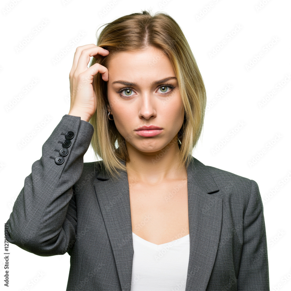 A gorgeous German woman with sharp facial features and striking green eyes, scratching her head with a confused expression A gorgeous German woman with sharp facial features and striking green eyes, scratching her head with a confused expression