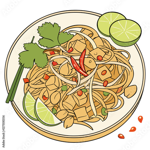Thai Chicken Pad Thai with Peanuts and Lime Isolated. Perfect for: Thai New Year (Songkran), Thai street food markets, Asian food promotions, travel guides