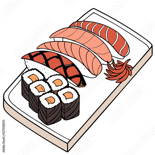 Japanese Sushi Platter with Nigiri and Gunkan Isolated. Perfect for: Japanese New Year, sushi restaurant menus, international food fairs, fine dining experiences